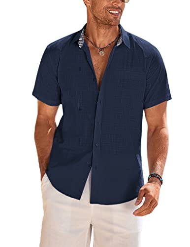 COOFANDY Herren Hemd Kurzarm Leinenhemd Sommer Einfarbig Basic Freizeithemd Slim fit Hemden Leinen Shirts Marine Blau S von COOFANDY