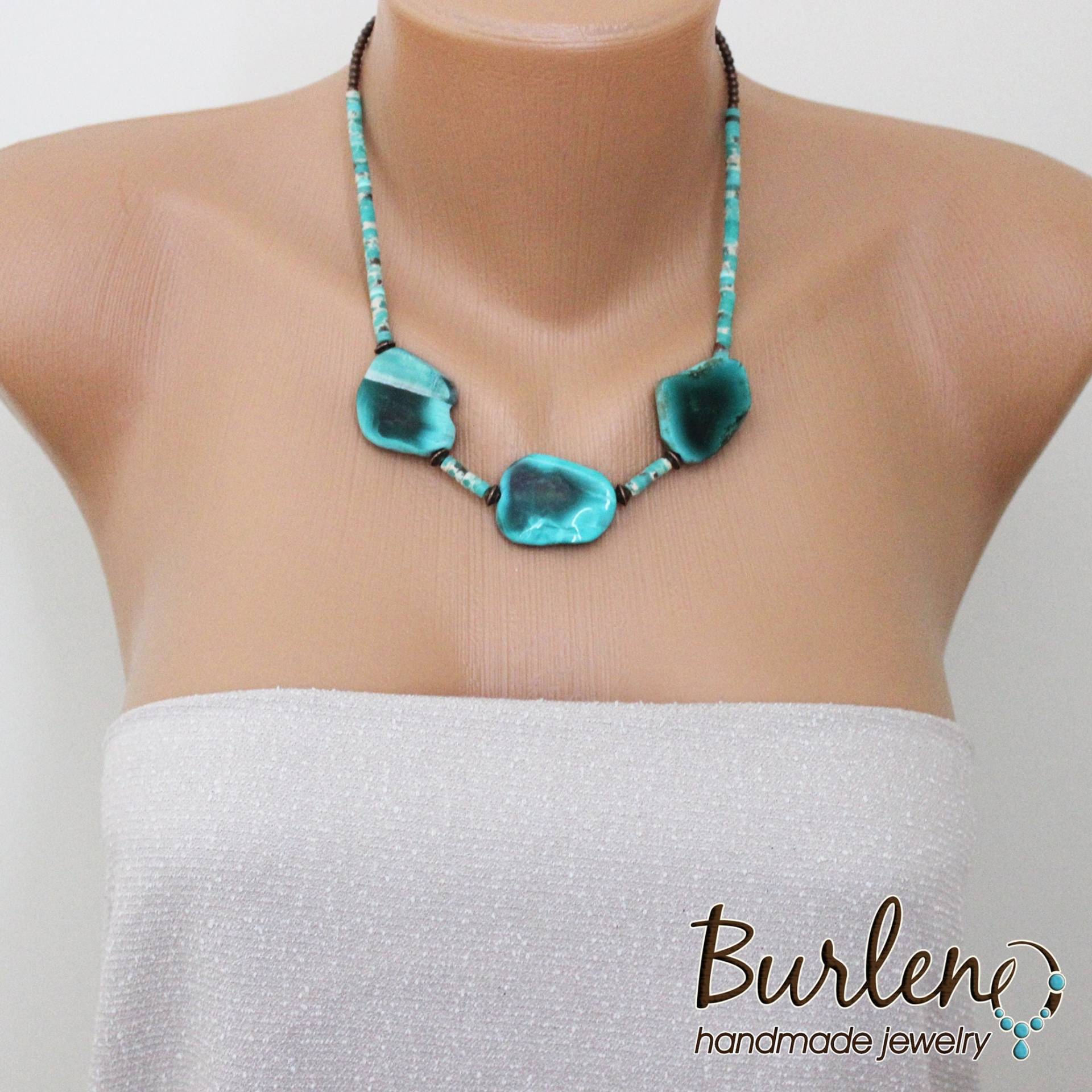 Halskette Mit Türkisgrünem Jaspis Und Achatperlen, Boho Grünen Halbedelsteinen, Edelsteinen Halskette Mit Türkisgrünem Jaspis Und Achatperlen, Boho Grünen Halbedelsteinen, Edelsteinen von Burleno