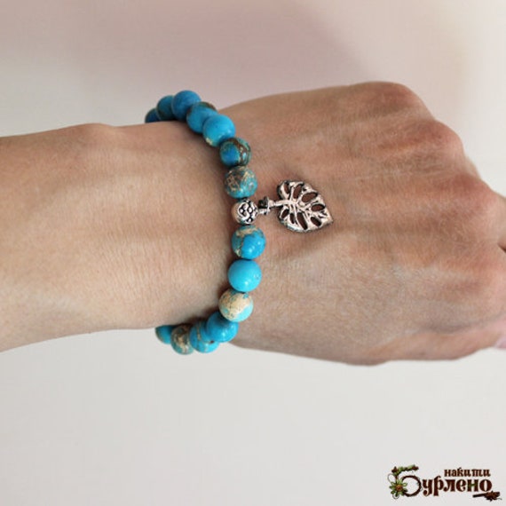 Perlenarmband Mit Blauem Jaspis, Halbedelsteinen, Blaues Boho Armband Anhängerblatt, Blaue Edelsteine Perlenarmband Mit Blauem Jaspis, Halbedelsteinen, Blaues Boho Armband Anhängerblatt, Blaue Edelsteine von Burleno