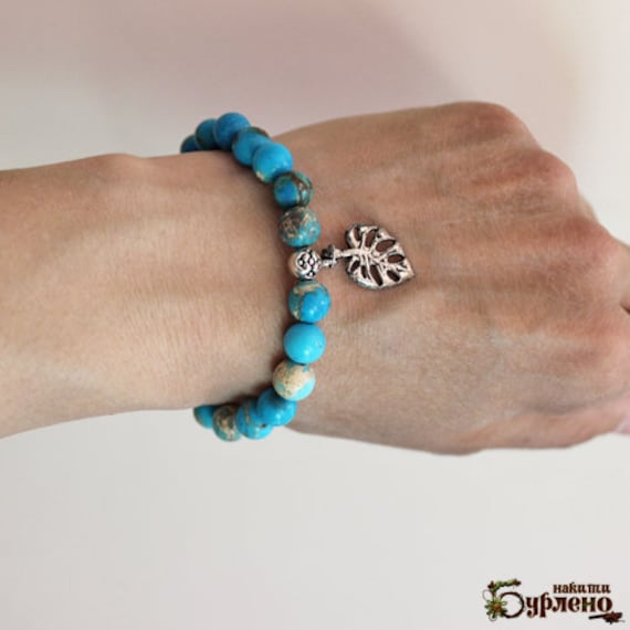 Perlenarmband Mit Blauem Jaspis, Halbedelsteinen, Blaues Boho Armband Anhängerblatt, Blaue Edelsteine Perlenarmband Mit Blauem Jaspis, Halbedelsteinen, Blaues Boho Armband Anhängerblatt, Blaue Edelsteine von Burleno