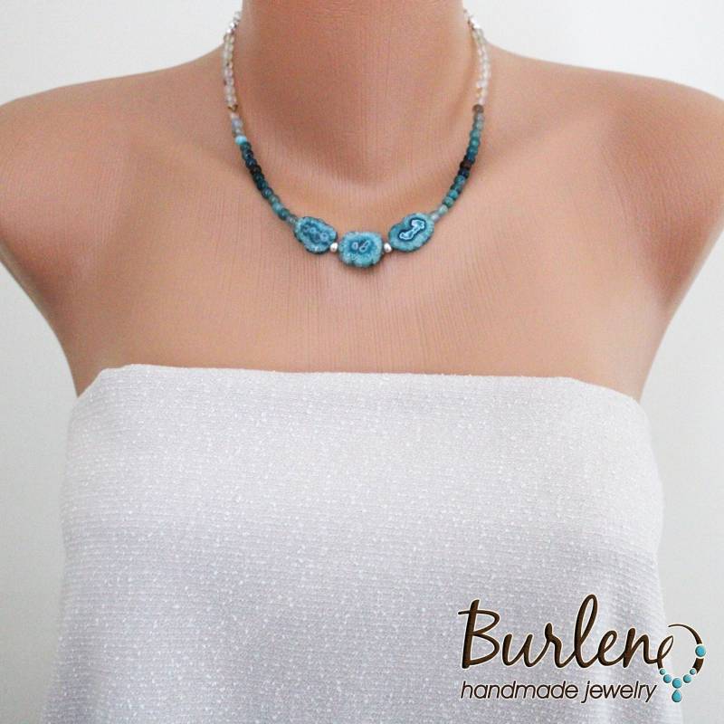 Perlenkette Mit Blauem Achat Und Sterlingsilber 925, Halbedelsteine Blaue Kette, Halskette Edelsteine Perlenkette Mit Blauem Achat Und Sterlingsilber 925, Halbedelsteine Blaue Kette, Halskette Edelsteine von Burleno