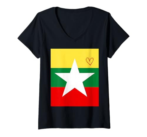 Damen Burma Flagge Burma Herz Stolzer Erbe Nationalfeiertag T-Shirt mit V-Ausschnitt von Burma Flag Burmese Proud National Day Gifts Idea