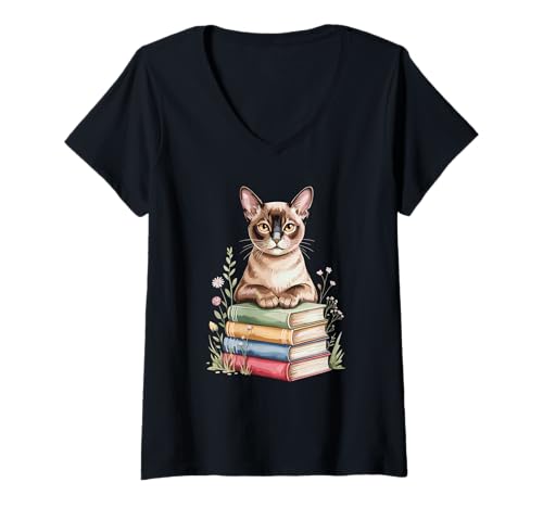 Damen Burmese Cat Bookworm Flowers Book Reading Books T-Shirt mit V-Ausschnitt von Burmese Cat Lover Gifts