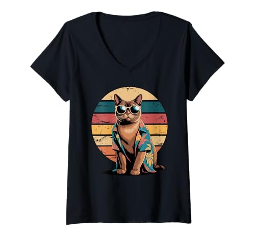 Damen Burmese Cat Sonnenbrille Hawaii Strand Sommer T-Shirt mit V-Ausschnitt Damen Burmese Cat Sonnenbrille Hawaii Strand Sommer T-Shirt mit V-Ausschnitt von Burmese Cat Lover Gifts