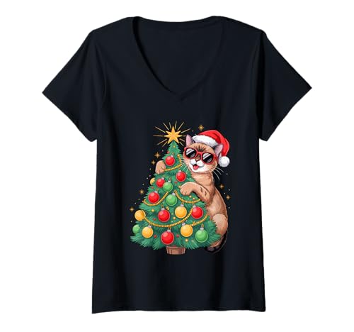 Damen Christmas Tree Burmese Cat Sunglasses T-Shirt mit V-Ausschnitt Damen Christmas Tree Burmese Cat Sunglasses T-Shirt mit V-Ausschnitt von Burmese Cat Lover Gifts