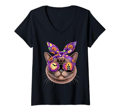 Damen Halloween Bandana Burmese Cat T-Shirt mit V-Ausschnitt von Burmese Cat Lover Gifts