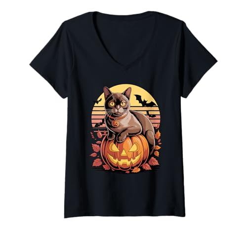 Damen Halloween Retro Burmese Cat T-Shirt mit V-Ausschnitt von Burmese Cat Lover Gifts