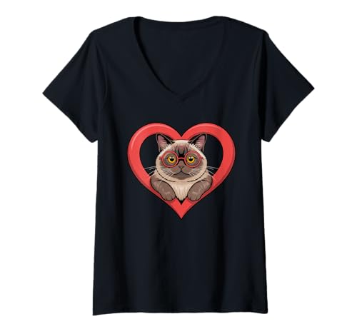 Damen Herz Burmese Cat Brille T-Shirt mit V-Ausschnitt von Burmese Cat Lover Gifts