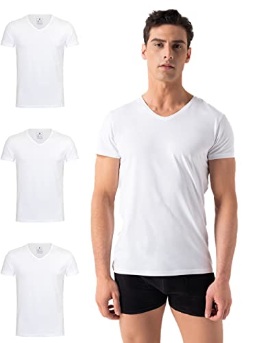 Burnell & Son Herren T-Shirt 3er Pack V-Ausschnitt Unterhemd Herren - Stretch - Kurzarm Shirt Männer aus Baumwolle Basic Slim Fit Weiss XXL von Burnell & Son