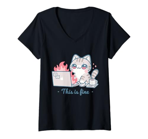 Damen Niedliche Katze Meme Office Chaos Burnout Humor Stressabbau T-Shirt mit V-Ausschnitt Damen Niedliche Katze Meme Office Chaos Burnout Humor Stressabbau T-Shirt mit V-Ausschnitt von Burnt Out But Cute