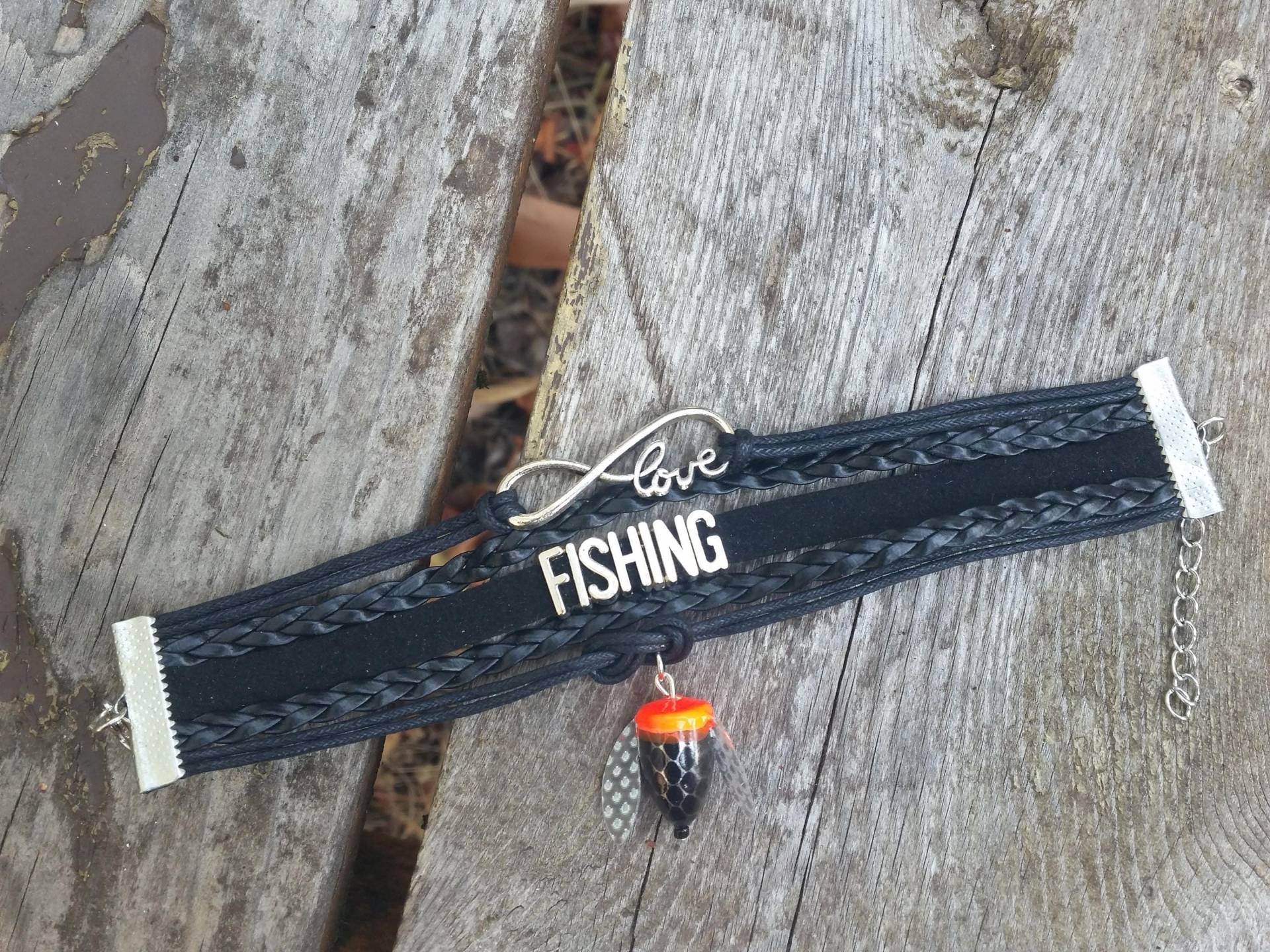 Manschettenarmband - Schwarz Love & Fishing Charms Und Spin N Glow Kork Kork Angeln Anhänger Manschettenarmband - Schwarz Love & Fishing Charms Und Spin N Glow Kork Kork Angeln Anhänger von BurntHeartDesigns