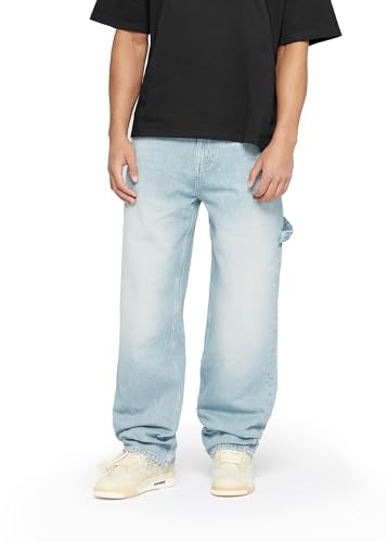 Herren Baggy Fit Jeans mit Knopfleiste Jeanshose Streetwear Loose Denim Pants Hose mit weitem Bein Lässig Männer Straight Leg, Farbe:Sand Blue, Hosengröße:W29/L30 von Burocs