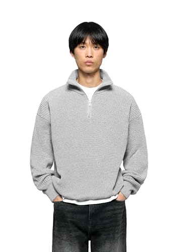 Burocs Regular Fit Chunky Knit Half-Zip Sweater - Grey Melange - Herren Pullover - Stehkragen mit Reißverschluss - 50% Baumwolle 50% Polyester, Größe:L, Farbe:Grey Melange von Burocs