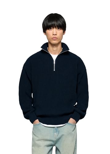 Burocs Regular Fit Chunky Knit Half-Zip Sweater - Navy - Herren Pullover - Grobstrick - Stehkragen mit Reißverschluss - 50% Baumwolle 50% Polyester, Größe:L, Farbe:Navy von Burocs