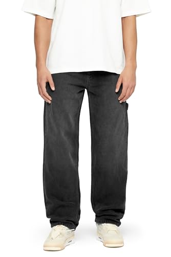 Herren Baggy Fit Jeans mit Knopfleiste Jeanshose Streetwear Loose Denim Pants Hose mit weitem Bein Lässig Männer Straight Leg, Farbe:Black, Hosengröße:W29 L32 von Burocs