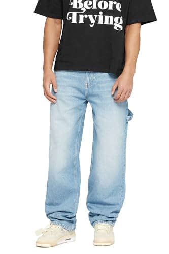 Herren Baggy Fit Jeans mit Knopfleiste Jeanshose Streetwear Loose Denim Pants Hose mit weitem Bein Lässig Männer Straight Leg, Farbe:Mid Blue, Hosengröße:W34 L30 von Burocs