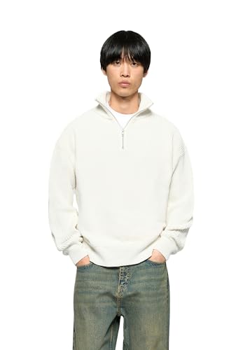 Burocs Regular Fit Chunky Knit Half-Zip Sweater - Ecru - Herren Pullover - Grobstrick - Stehkragen mit Reißverschluss - 50% Baumwolle 50% Polyester, Größe:M, Farbe:Ecru von Burocs