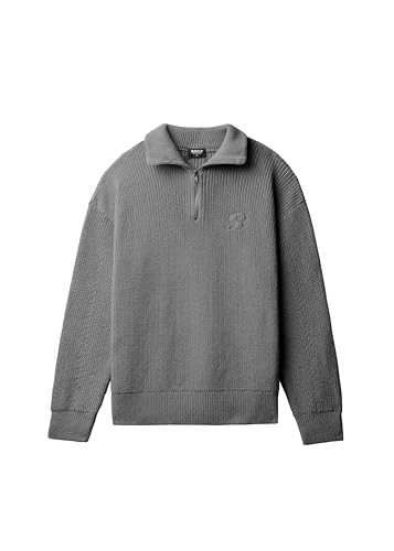 Knit Half Zip Sweater - Grey - Herren Pullover - Regular Fit - Grobstrick & Stehkragen - Mit Half-Zip & B Stitching - 96% Baumwolle, 4% Polyester, Größe:M, Farbe:Grey von Burocs