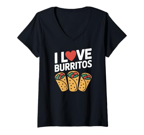 Damen I Love Burritos Herz Grafik T-Shirt mit V-Ausschnitt Damen I Love Burritos Herz Grafik T-Shirt mit V-Ausschnitt von Burrito Enthusiast Fun Fiesta Wrap