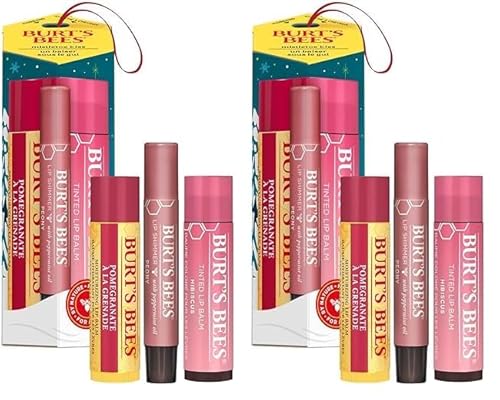 Burt's Bees geschenke für frauen | Lippenpflege-Geschenkset mit Granatapfel-Lippenbalsam, getöntem Lippenbalsam in Hibiscus und Lippenschimmer in Pfingstrose | Mistelzweigkuss (Packung mit 2) von Burt's Bees