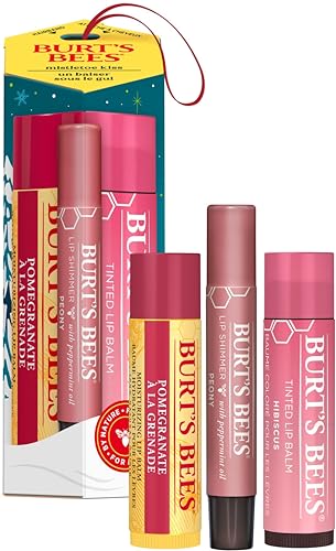 Burt's Bees geschenke für frauen | Lippenpflege-Geschenkset mit Granatapfel-Lippenbalsam, getöntem Lippenbalsam in Hibiscus und Lippenschimmer in Pfingstrose | Mistelzweigkuss von Burt's Bees