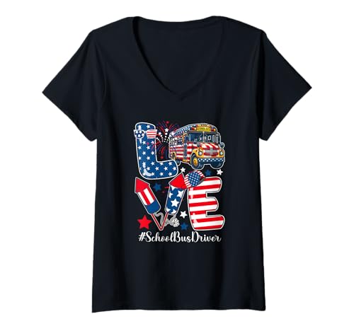 Damen LOVE School Bus Driver Tools 4th July US Flag Fireworks T-Shirt mit V-Ausschnitt Damen LOVE School Bus Driver Tools 4th July US Flag Fireworks T-Shirt mit V-Ausschnitt von Bus Driver 4th Of July Costume