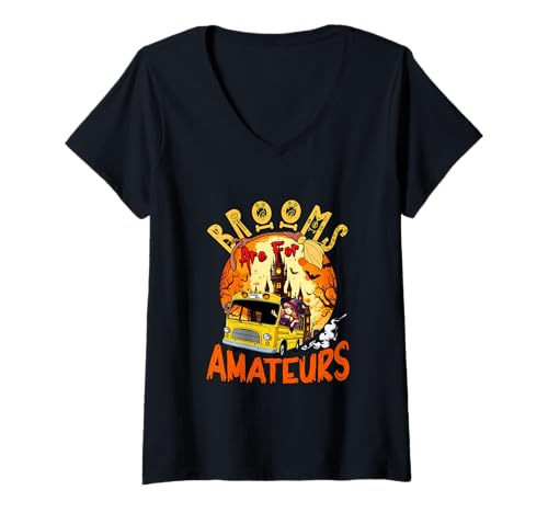 Damen Brooms Are for Amateurs Halloween Witch Driving School Bus T-Shirt mit V-Ausschnitt Damen Brooms Are for Amateurs Halloween Witch Driving School Bus T-Shirt mit V-Ausschnitt von Bus Driver Halloween Costume