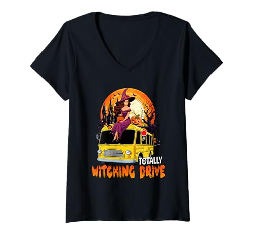 Damen Totally Witching Drive Cute Witch On School Bus Halloween T-Shirt mit V-Ausschnitt Damen Totally Witching Drive Cute Witch On School Bus Halloween T-Shirt mit V-Ausschnitt von Bus Driver Halloween Costume