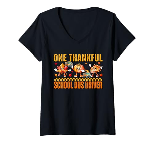 Damen One Thankful School Bus Driver Thanksgiving Herbst Kürbiskuchen T-Shirt mit V-Ausschnitt Damen One Thankful School Bus Driver Thanksgiving Herbst Kürbiskuchen T-Shirt mit V-Ausschnitt von Bus Driver Thanksgiving Costume