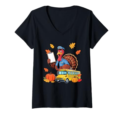 Damen Schulbusfahrer Job Thanksgiving Türkei Herbstlaub T-Shirt mit V-Ausschnitt Damen Schulbusfahrer Job Thanksgiving Türkei Herbstlaub T-Shirt mit V-Ausschnitt von Bus Driver Thanksgiving Costume