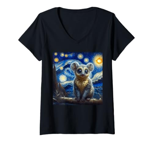 Damen Galago Starry Night Buschbaby T-Shirt mit V-Ausschnitt von Buschbaby Motive Für Herren Und Damen