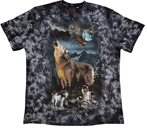 Bushfire T-Shirt Moon Wolf auf schwarzgrauem Batik Shirt Gr XL von Bushfire