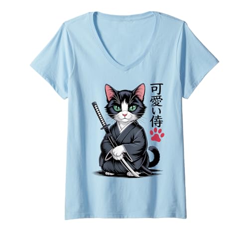Damen Japanische Ästhetik - Kawaii Samurai Katze T-Shirt mit V-Ausschnitt Damen Japanische Ästhetik - Kawaii Samurai Katze T-Shirt mit V-Ausschnitt von Bushido Cat - Kawaii Samurai Katana