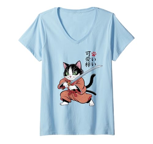 Damen Kawaii Samurai Katze mit Katana - Japanische Anime Aesthetic T-Shirt mit V-Ausschnitt Damen Kawaii Samurai Katze mit Katana - Japanische Anime Aesthetic T-Shirt mit V-Ausschnitt von Bushido Cat - Kawaii Samurai Katana