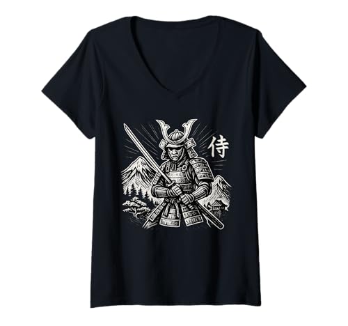 Damen Samurai Krieger Illustration Japanischer Stil T-Shirt mit V-Ausschnitt Damen Samurai Krieger Illustration Japanischer Stil T-Shirt mit V-Ausschnitt von Bushido Warrior Designs