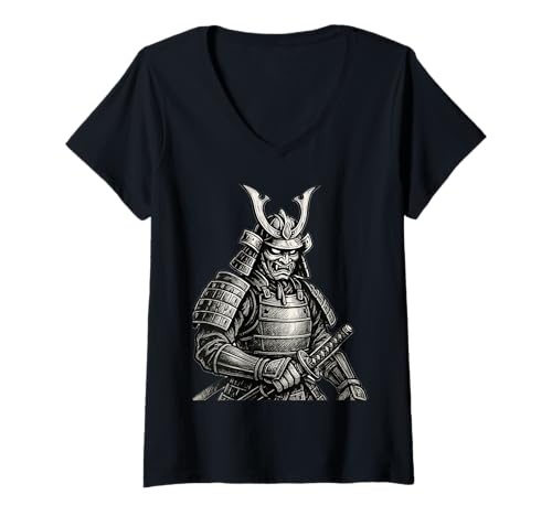 Damen Samurai Krieger Illustration Japanischer Stil T-Shirt mit V-Ausschnitt Damen Samurai Krieger Illustration Japanischer Stil T-Shirt mit V-Ausschnitt von Bushido Warrior Designs