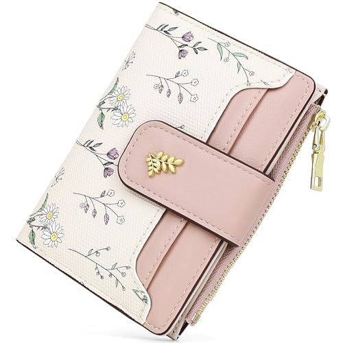 Busnos Kleine Geldbörsen für Damen mit Blumendesign, Rosa, Faltbörse mit Kartenhalter und Münzfach, mehrere Kartenfächer, RFID-Blockierung von Busnos