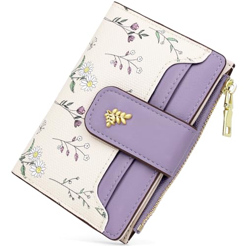 Busnos Kleine Geldbörsen für Damen mit Blumendesign, Violett, Faltbörse mit Kartenhalter und Münzfach, mehrere Kartenfächer, RFID-Blockierung von Busnos