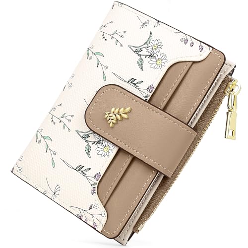 Busnos Kleine Geldbörsen für Damen mit Blumendesign, braune Faltbörse mit Kartenhalter und Münzfach, mehrere Kartenfächer, RFID-Blockierung von Busnos