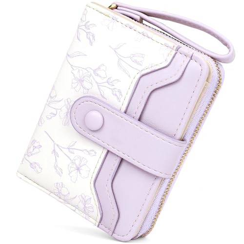 Busnos Kleine Geldbörsen für Damen mit niedlichem Blumendesign, violett, faltbare Geldbörse mit Kartenhalter und Münzfach, mehrere Kartenfächer aus PU-Leder von Busnos