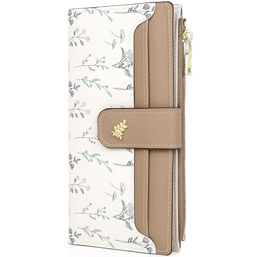 Busnos Lange Geldbörsen für Damen mit Blumendesign, braune Faltbörse mit Kartenhalter und Münzfach, mehrere Kartenfächer, RFID-Blockierung von Busnos