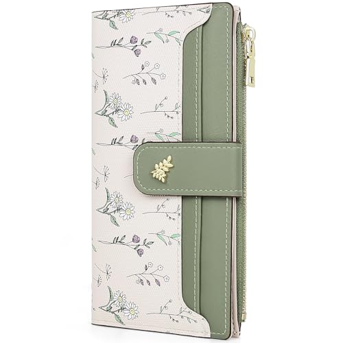 Busnos Lange Geldbörsen für Damen mit Blumendesign, grüne Faltbörse mit Kartenhalter und Münzfach, mehrere Kartenfächer, RFID-Blockierung von Busnos