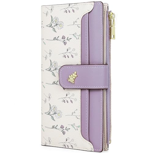 Busnos Lange Geldbörsen für Damen mit Blumenmuster, Violett, Faltbörse mit Kartenhalter und Münzfach, mehrere Kartenfächer, RFID-Blockierung von Busnos