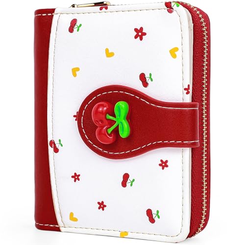 Busnos Portemonnaie Damen mit Kirschen in Rot | Organizer mit großem Münzfach und vielen Kartenfächern | Geldbeutel aus PU Leder von Busnos