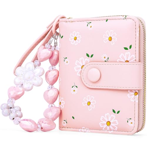 Busnos Portemonnaie Damen mit Süßer Blüten in Hellrosa | Organizer mit großem Münzfach und vielen Kartenfächern | Geldbeutel aus PU Leder von Busnos