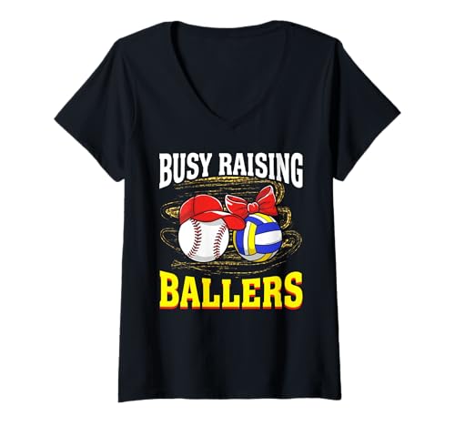 Damen Busy Raising Ballers Baseball Volleyball Mama Leopard Damen T-Shirt mit V-Ausschnitt Damen Busy Raising Ballers Baseball Volleyball Mama Leopard Damen T-Shirt mit V-Ausschnitt von Busy Raising Ballers tees
