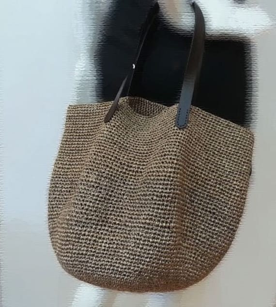 Gehäkelte Sommer Bast Braun Tote Strandtasche, Häkeln Tasche Mit Lederhenkel Gehäkelte Sommer Bast Braun Tote Strandtasche, Häkeln Tasche Mit Lederhenkel von BusyPaws