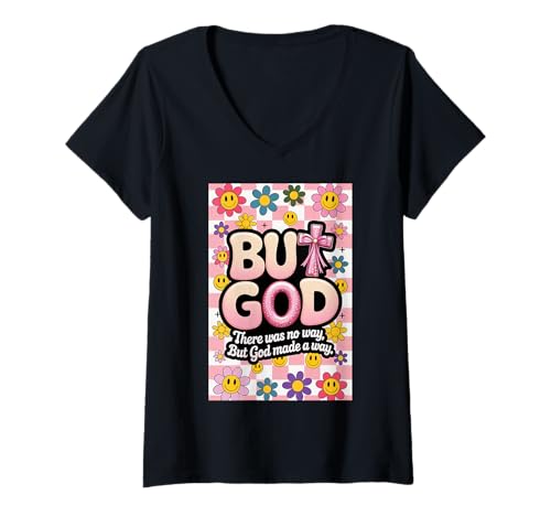 Damen But God Christliche Blumenschleife, Rosa, Heilige Schrift für Jugendliche und Mädchen T-Shirt mit V-Ausschnitt von But God Christian Jesus Youth Teen Girl Tee