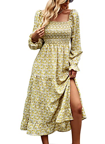 Butrends Damen Blumenkleider Herbst Elegante Midikleider mit Langen Ärmeln Rüschen Boho Maxikleider Damen Casual Wrap Cocktailkleider mit Langen Ärmeln Gelb, M von Butrends