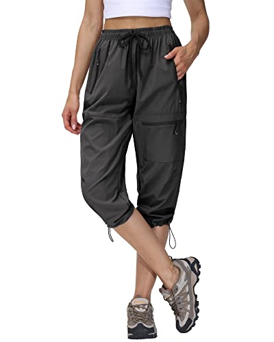 Butrends Damen Wanderhose Sommer Leichter Jogger Caprihose Atmungsaktive Outdoorhose 3/4 Cargohose Schnell Trocknend Trekkinghose mit Reißverschlusstaschen Grau, XL von Butrends